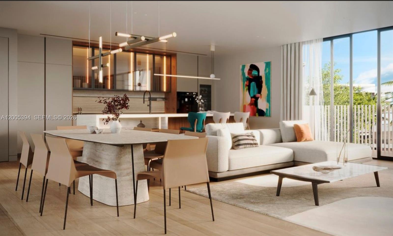 This is a rendering of an open-concept living and dining area with modern minimalist furniture — 10190 E Bay Harbor Dr # 10, Bay Harbor Islands FL 33154, BAY HARBOR ISLANDS, FL