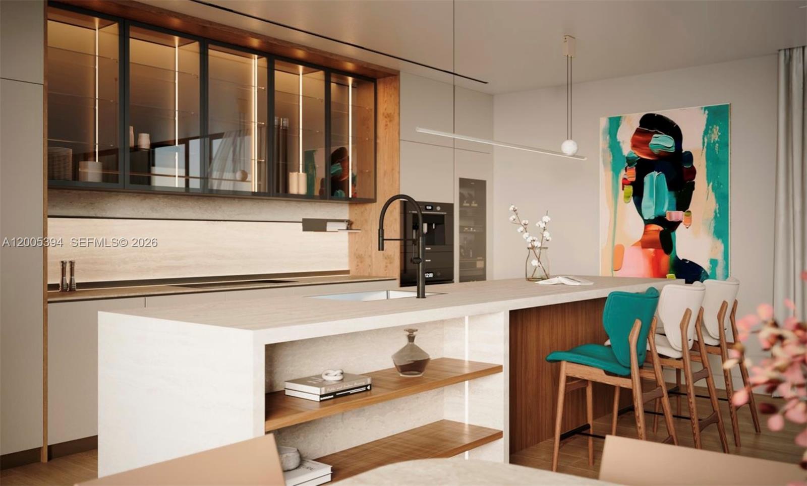 This is a rendering of a modern kitchen featuring a large island and wood cabinetry — 10190 E Bay Harbor Dr # 10, Bay Harbor Islands FL 33154, BAY HARBOR ISLANDS, FL