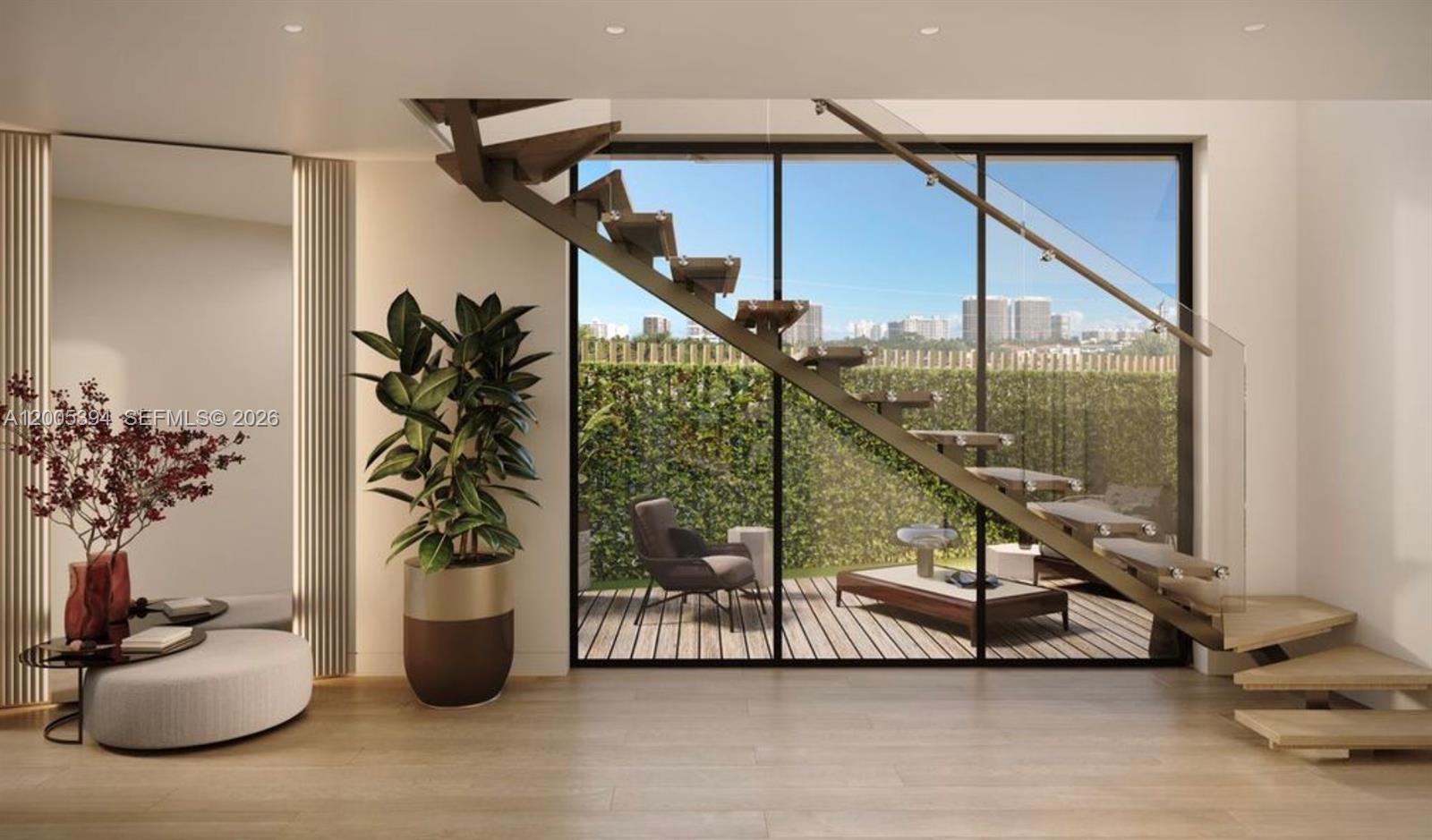 This rendering shows a modern room with a floating staircase and floor-to-ceiling glass doors — 10190 E Bay Harbor Dr # 10, Bay Harbor Islands FL 33154, BAY HARBOR ISLANDS, FL