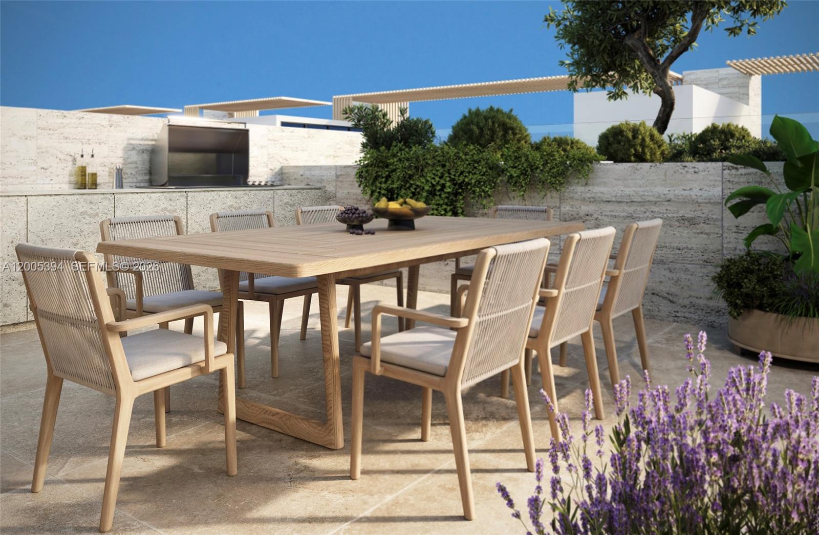This is a rendering of an outdoor dining set on a stone patio — 10190 E Bay Harbor Dr # 10, Bay Harbor Islands FL 33154, BAY HARBOR ISLANDS, FL