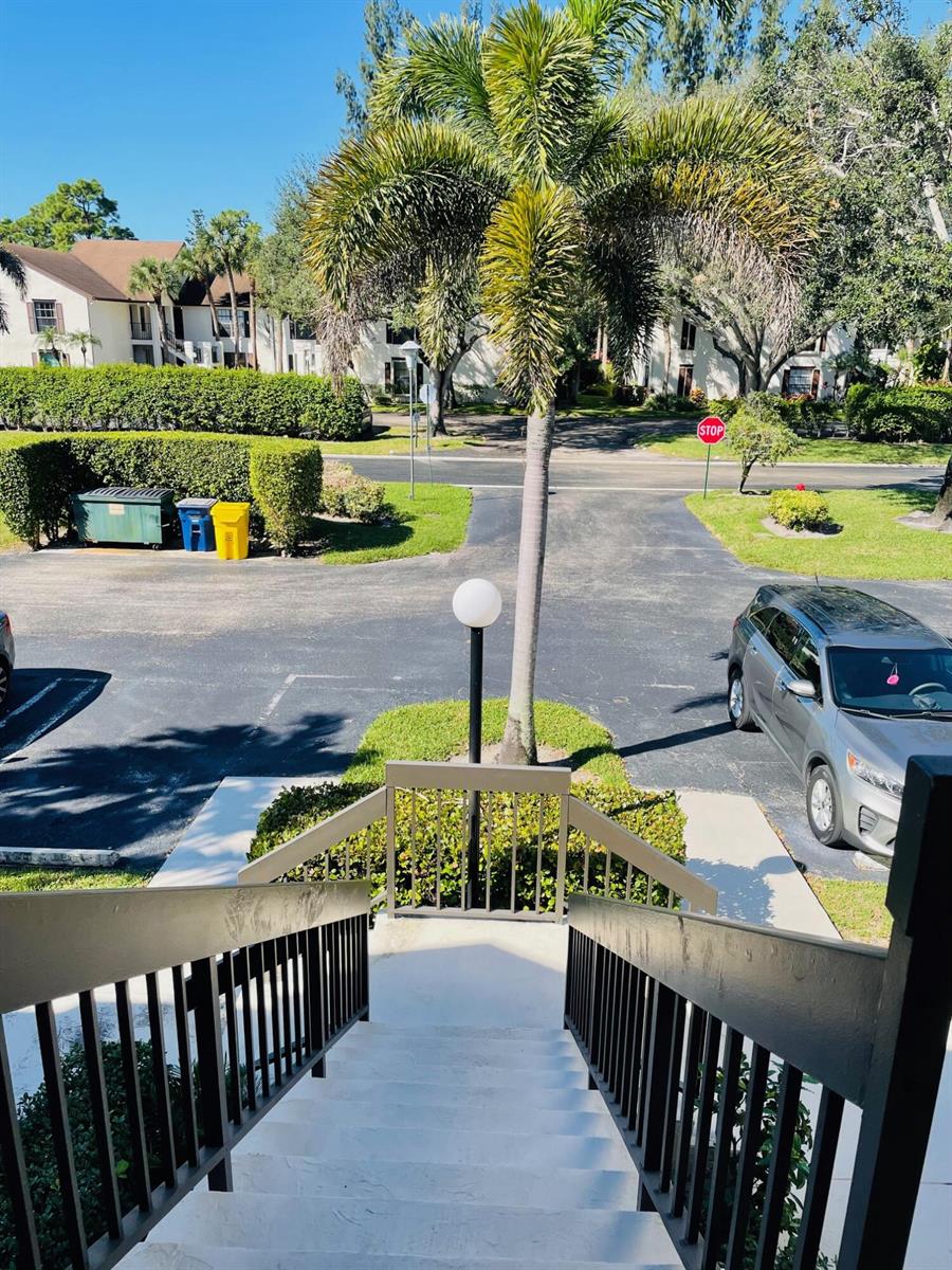 An elevated view looking down a staircase toward a parking lot with a palm tree — 3204 Perimeter Drive # 3204, FL 33467, FL