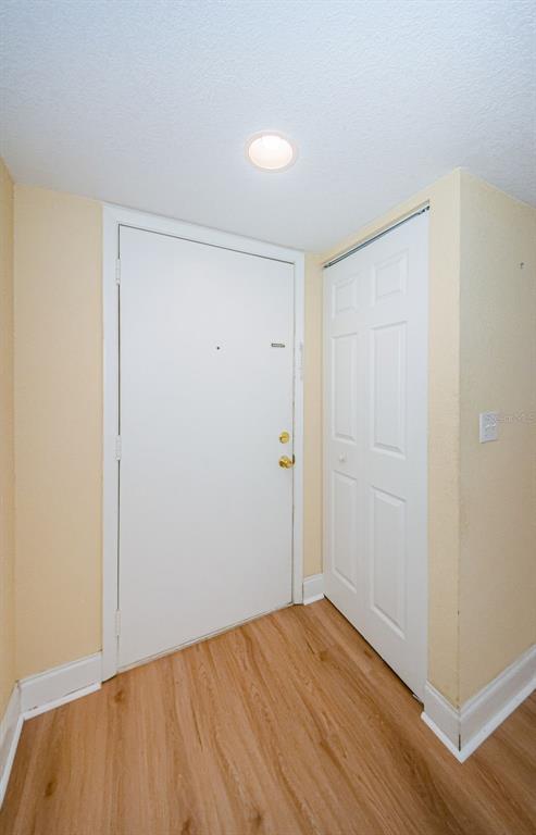 An entryway features a white door, a bifold closet door, and light-colored wood-look flooring — 455 ALT 19 S UNIT 214, PALM HARBOR, FL