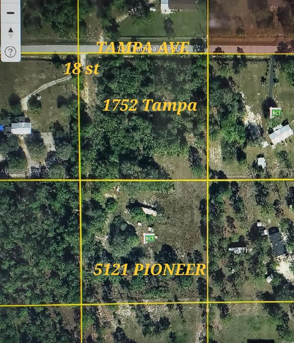 An aerial map view shows two adjacent land parcels with vegetation and small structures — 5121 PIONEER 18TH ST, Clewiston FL 33440, CLEWISTON, FL