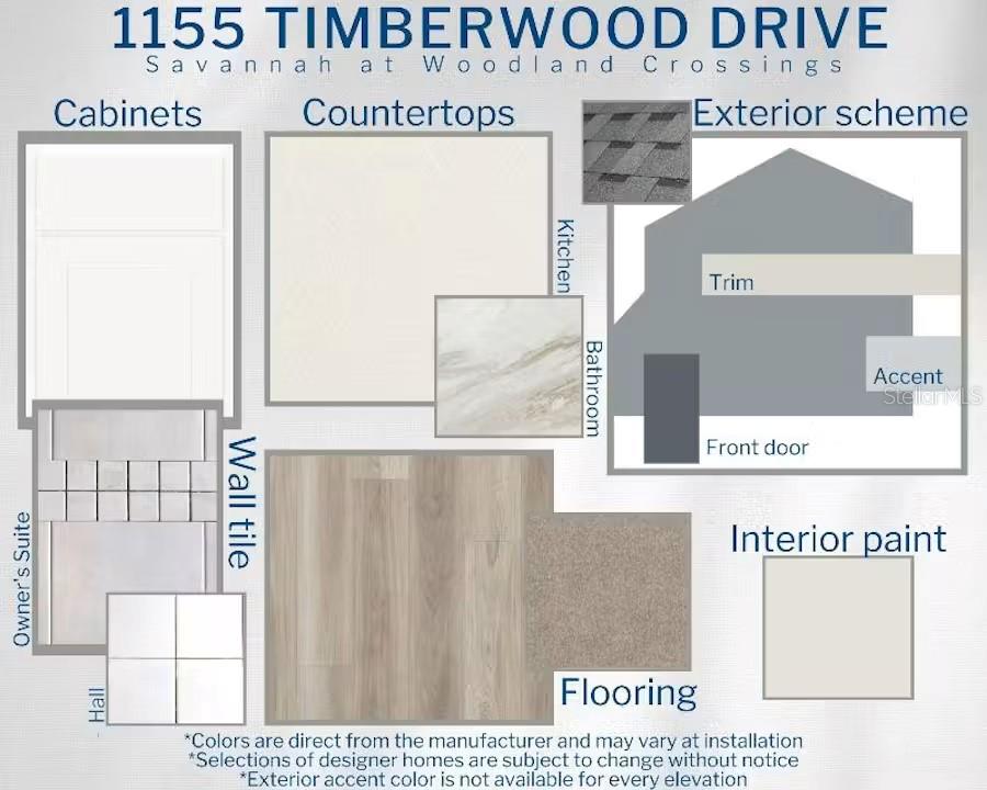 This design board displays material and color samples for home cabinetry, countertops, flooring, and exterior — 1155 TIMBERWOOD DRIVE, WILDWOOD, FL
