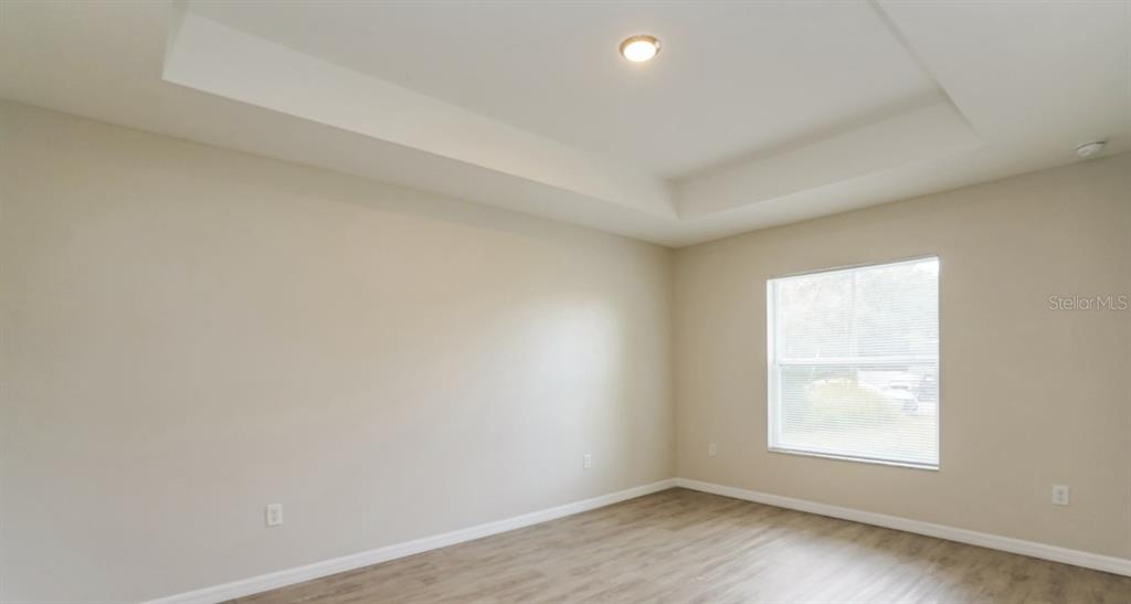 An empty room with light-colored walls, wood-look flooring, and a recessed tray ceiling — 10 JUNIPER TRAIL, OCALA, FL