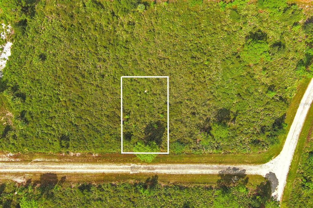 An aerial view shows a rectangular plot of land outlined in white beside a dirt road — 642 VASSER AVENUE S, LEHIGH ACRES, FL