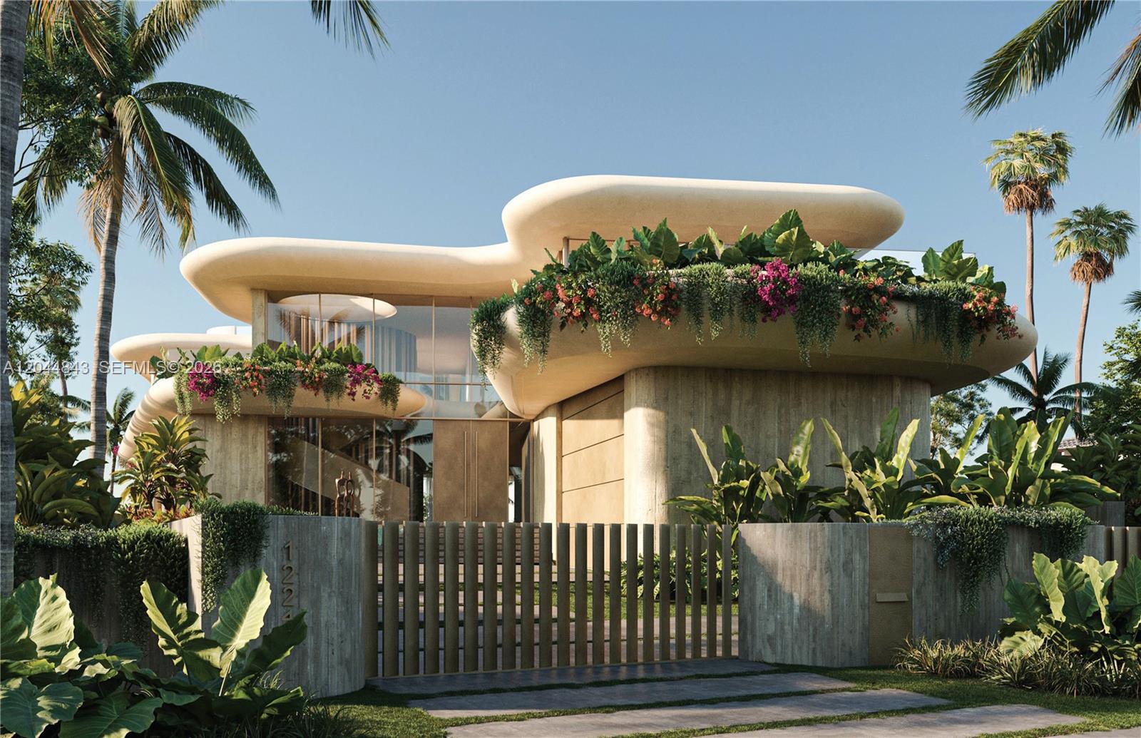 This architectural rendering shows a modern home with organic curved rooflines and lush hanging gardens — 1224 S Venetian Way, Miami FL 33139, MIAMI, FL