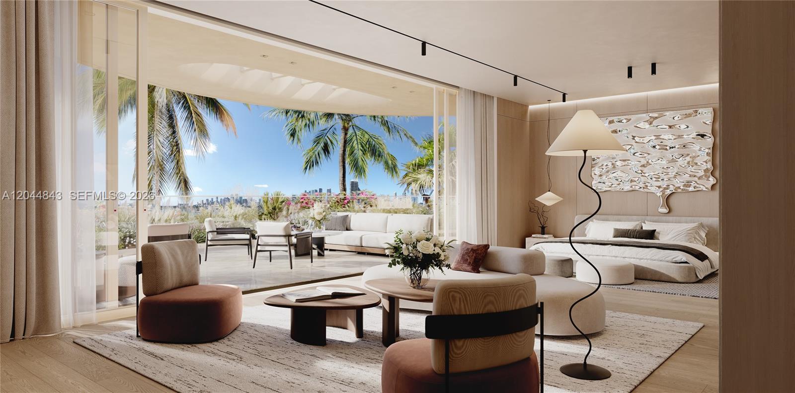 This is a rendering of a modern bedroom and living area opening onto a balcony — 1224 S Venetian Way, Miami FL 33139, MIAMI, FL