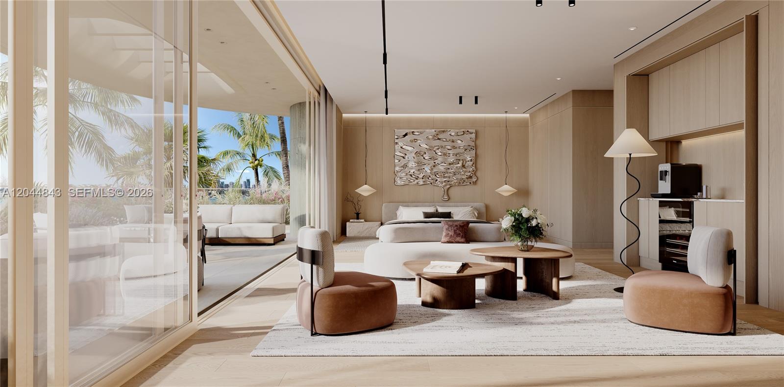 This rendering shows a modern bedroom with a seating area, light wood walls, and balcony — 1224 S Venetian Way, Miami FL 33139, MIAMI, FL