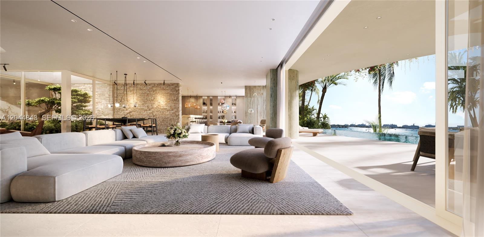 This rendering shows a modern open-concept living room with stone walls and a waterfront terrace — 1224 S Venetian Way, Miami FL 33139, MIAMI, FL