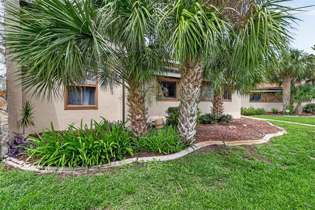 A kitchen features white cabinets, stainless steel appliances, wood countertops, and a stone-accented breakfast bar — 7025 COGNAC DRIVE UNIT 4, NEW PORT RICHEY, FL