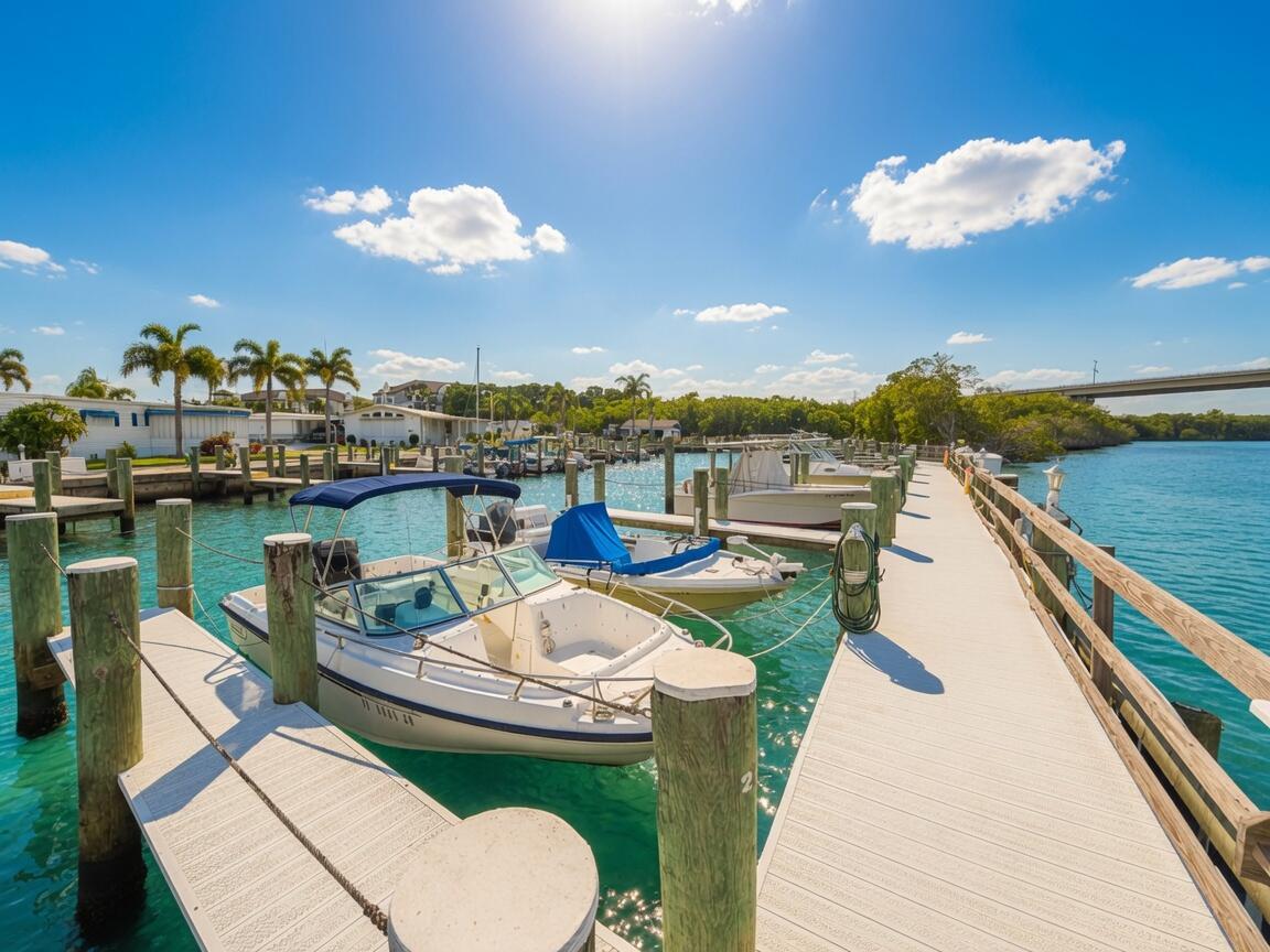 A boat dock with several moored motorboats extends into a canal under a blue sky — 3500 S Kanner Highway Lot 31, Stuart FL 34994, STUART, FL