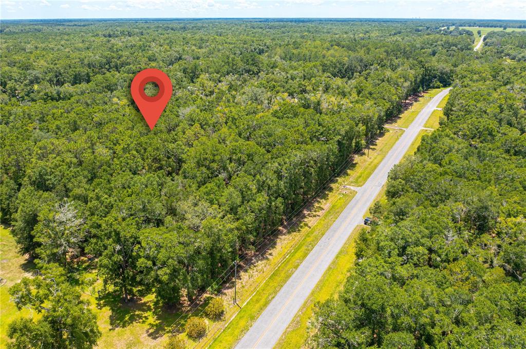 An aerial view shows a red map pin marking a wooded lot beside a road — Lot 5 SW MEADOWLANDS DRIVE, LAKE CITY, FL