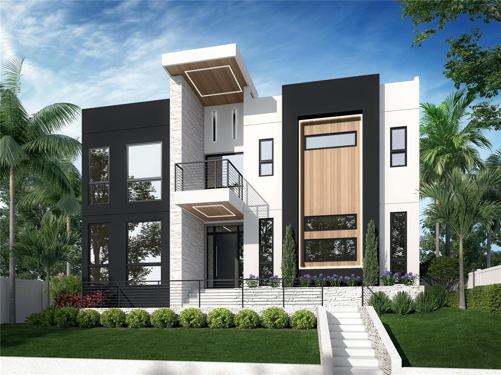 This is a digital rendering of a modern two-story house with a stone and stucco facade — 2309 N RIVERSIDE DRIVE, TAMPA, FL