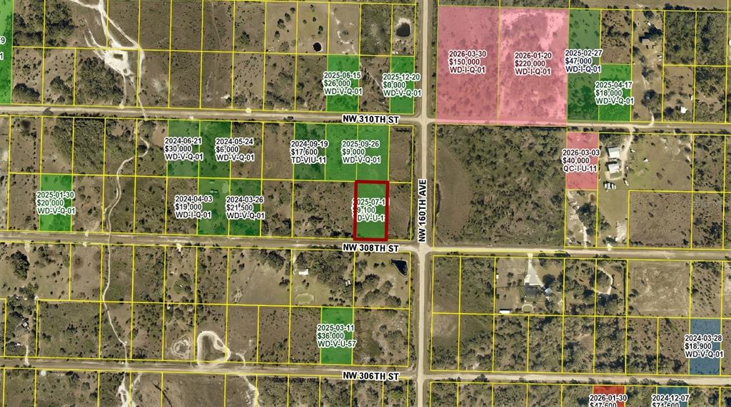 This is an aerial map showing land parcels with transaction data overlaid on the lots — 16057 NW 308TH STREET, OKEECHOBEE, FL