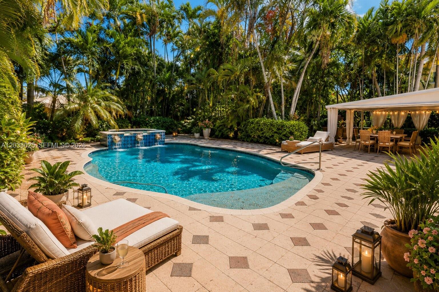 A swimming pool with a spa and waterfall sits on a paved patio with lounge furniture — 1030 Polk St, Hollywood FL 33019, HOLLYWOOD, FL
