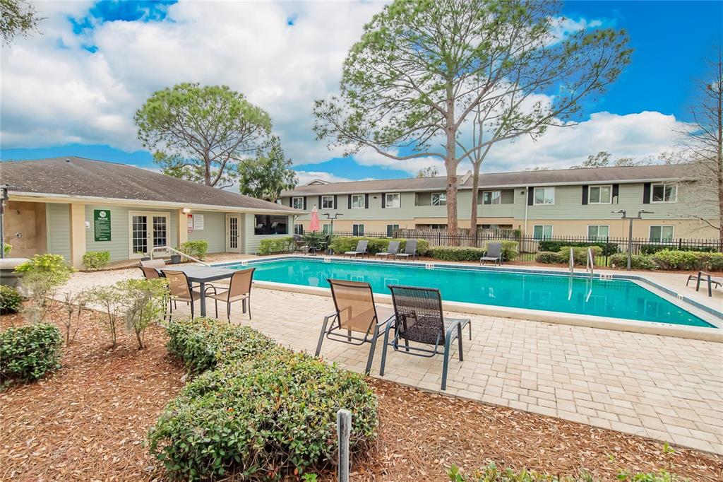 A rectangular swimming pool sits on a paved patio surrounded by lounge chairs and buildings — 202 RED MAPLE PLACE UNIT 202, BRANDON, FL