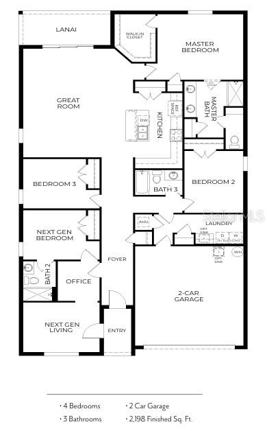This is a floor plan for a four-bedroom, three-bathroom home with a two-car garage — 3510 PETUNIA TERRACE, NORTH PORT, FL