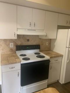 A kitchen features white cabinets, a black electric stove, and tan tile countertops and backsplash — 3251 Sabal Palm Manor # 207, Davie FL 33024, DAVIE, FL
