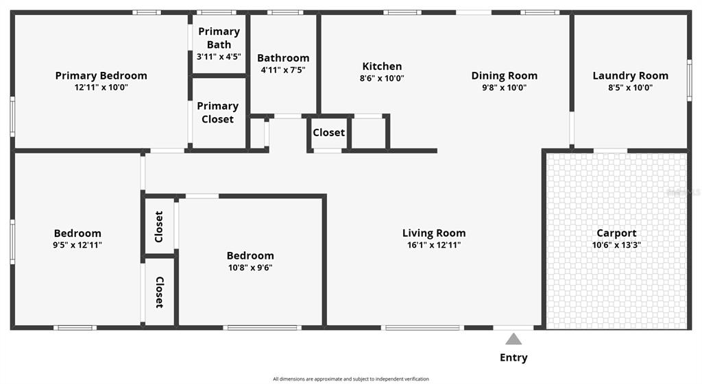 This is a floor plan of a single-story home featuring three bedrooms, two bathrooms, and a carport — 1405 PEMBROOK DRIVE, LEESBURG, FL