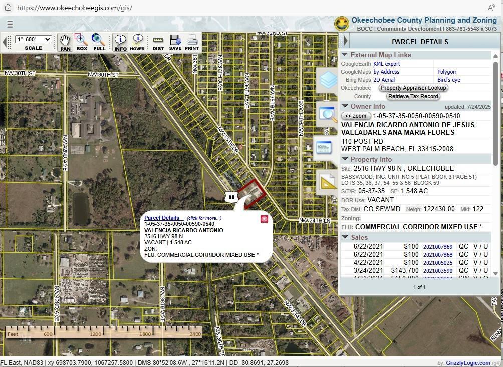This is a digital map showing a parcel of land highlighted in red — 2516 Us-98 Highway, Okeechobee FL 34972, OKEECHOBEE, FL