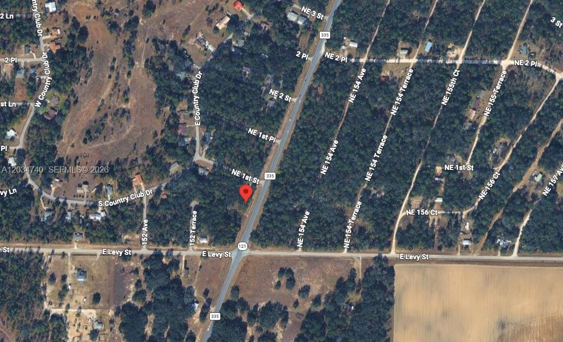 This is a satellite map view of a wooded area near a road intersection — Lot 2 STR 121, Williston FL 32696, WILLISTON, FL