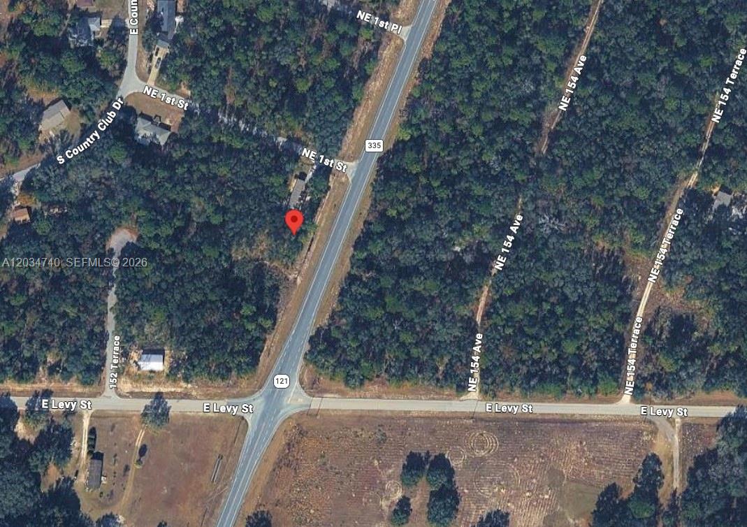 This is an aerial map view showing a property marked with a red pin — Lot 2 STR 121, Williston FL 32696, WILLISTON, FL