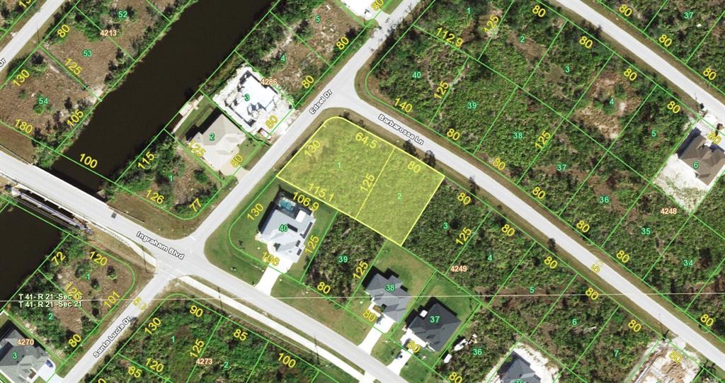 This is a map showing a vacant residential lot highlighted in yellow — 14105 & 14115 BARBAROSSA LANE, PORT CHARLOTTE, FL