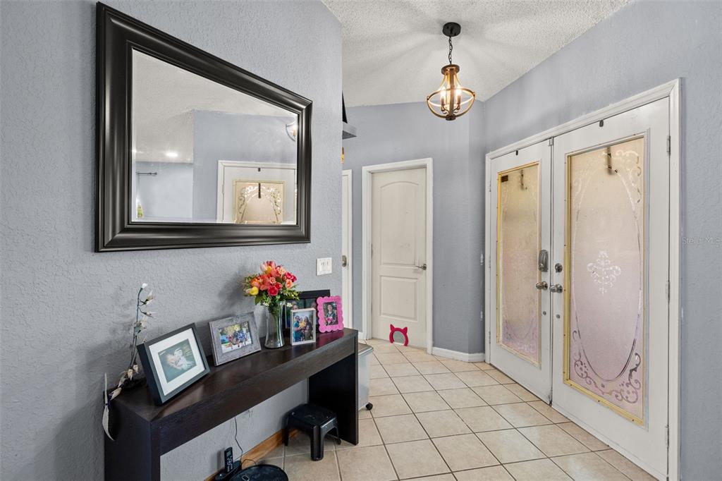 An entryway features a console table, a large mirror, and double doors with glass inserts — 13499 BRUNI DRIVE, SPRING HILL, FL
