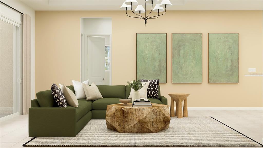 This is a rendering of a living room featuring a green sectional, coffee table, and artwork — 5938 MOUND KEY RUN, LAKEWOOD RANCH, FL