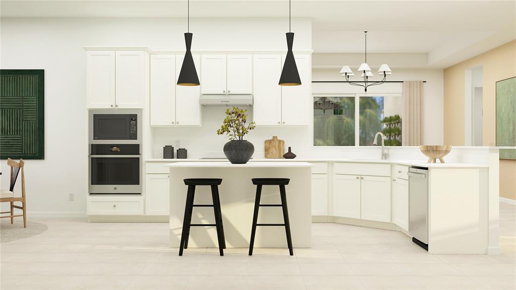 This is a rendering of a modern kitchen featuring white cabinetry, an island, and stainless appliances — 5938 MOUND KEY RUN, LAKEWOOD RANCH, FL