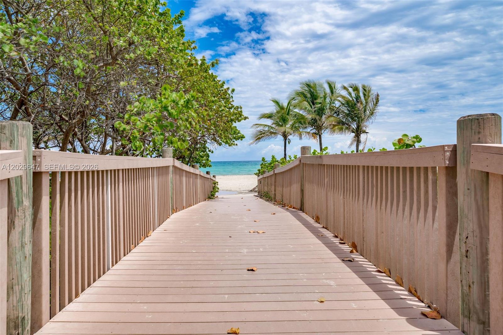 A wooden boardwalk leads through trees toward a sandy beach and the ocean — 1201 S Ocean Dr # 1105N, Hollywood FL 33019, HOLLYWOOD, FL
