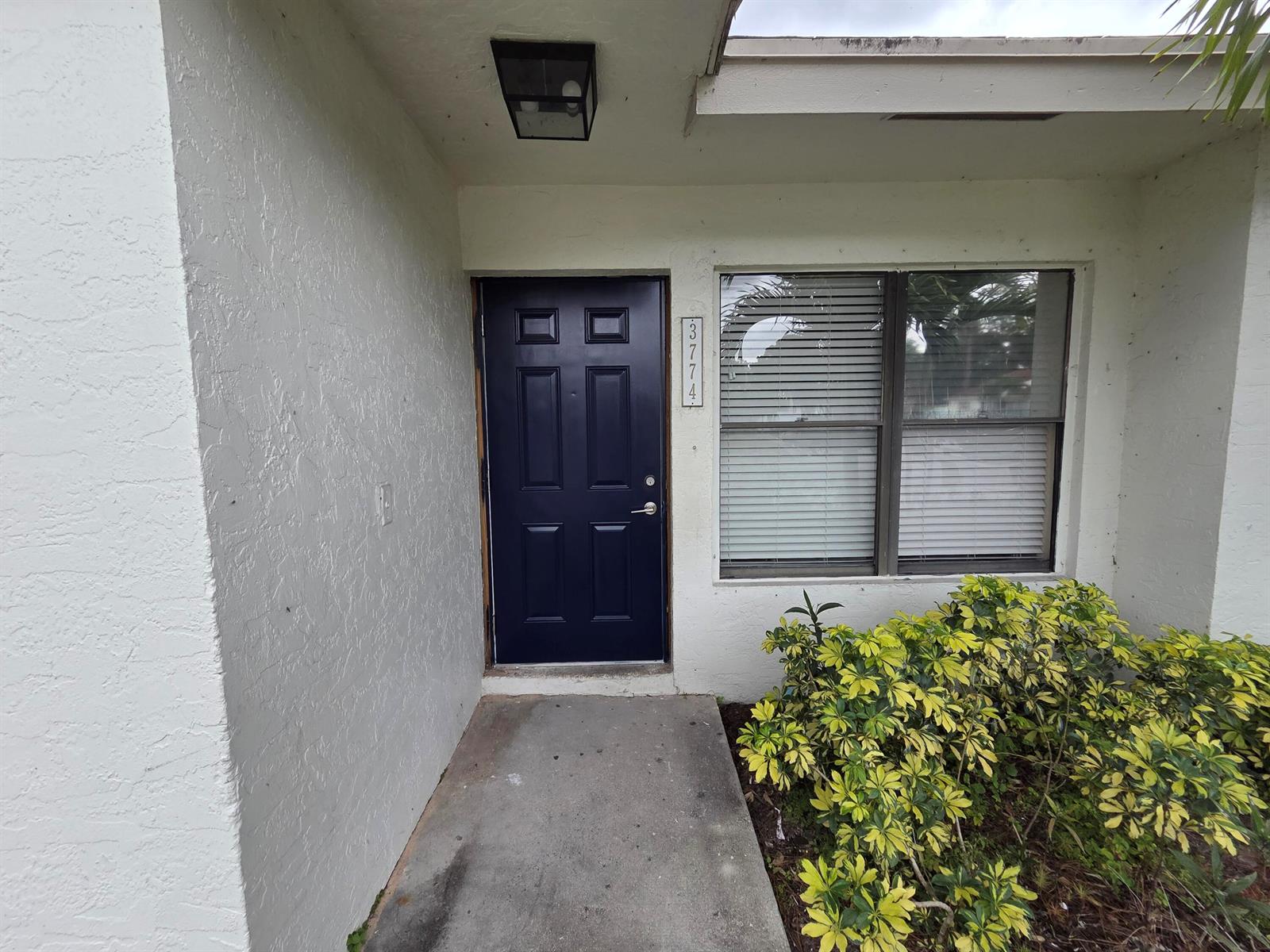 A dark blue front door is set in a white stucco exterior next to a window — 3774 Mil Race Court, FL 33463, FL