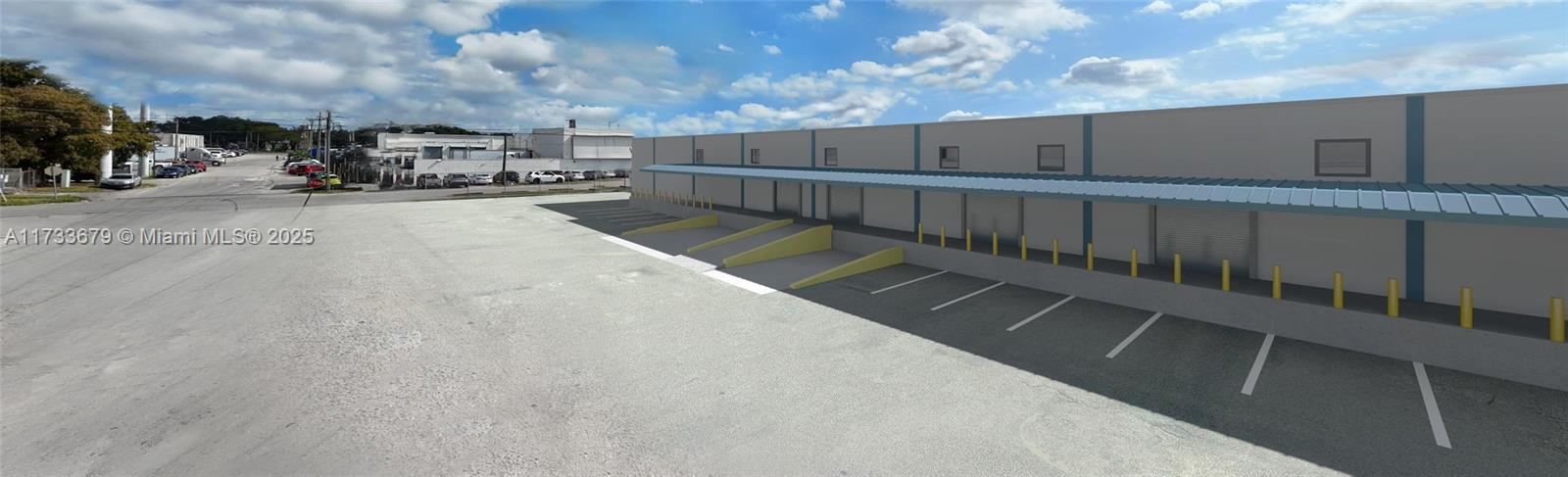 This is a rendering of a commercial warehouse exterior featuring multiple loading docks and parking — 3510 NW 60th St, Miami FL 33142, MIAMI, FL