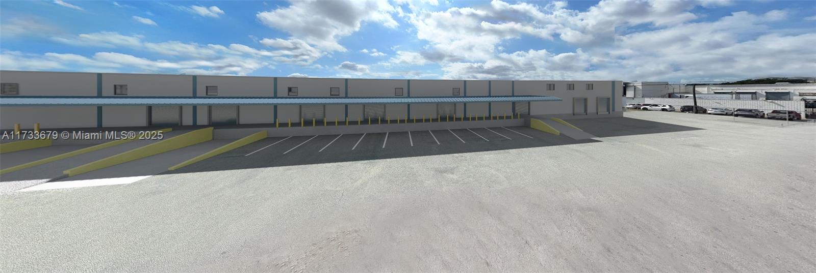 This is a rendering of an industrial warehouse exterior with multiple loading docks and parking — 3510 NW 60th St, Miami FL 33142, MIAMI, FL
