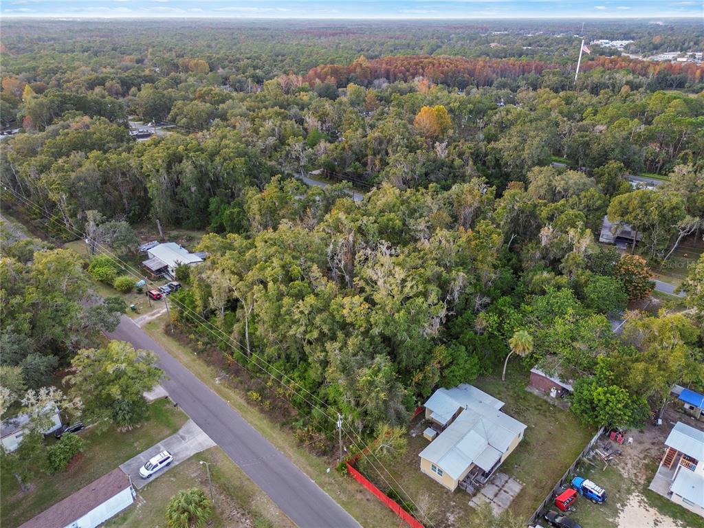 An aerial view shows a wooded residential lot situated between two houses and a road — 6301 W GOLDENLEAF LANE, CRYSTAL RIVER, FL