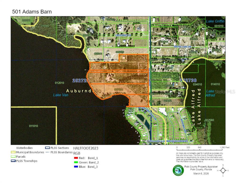 This is a property map showing parcel boundaries and surrounding land features in Florida — ADAMS BARN ROAD, AUBURNDALE, FL