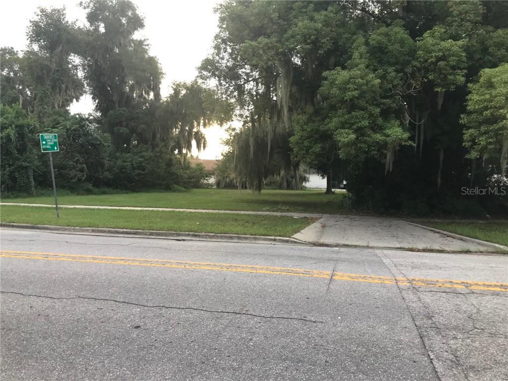 A vacant, grassy lot with mature trees sits beside a paved road and driveway — 315 N SINCLAIR AVENUE, TAVARES, FL