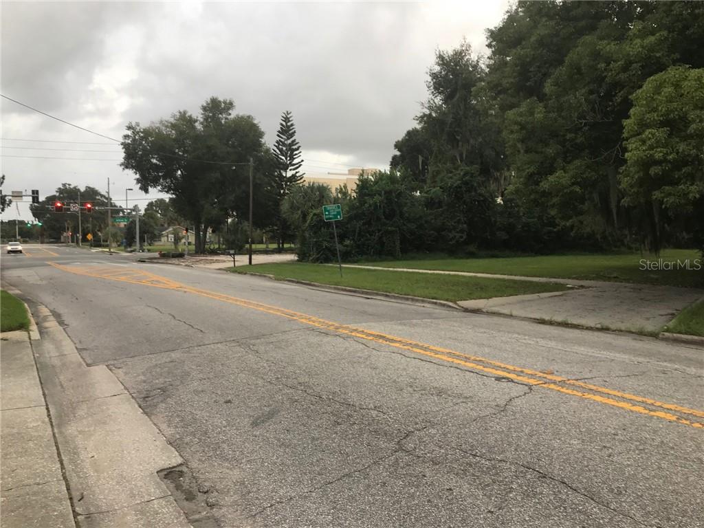 A paved street leads toward a grassy vacant lot with trees and a traffic signal — 315 N SINCLAIR AVENUE, TAVARES, FL