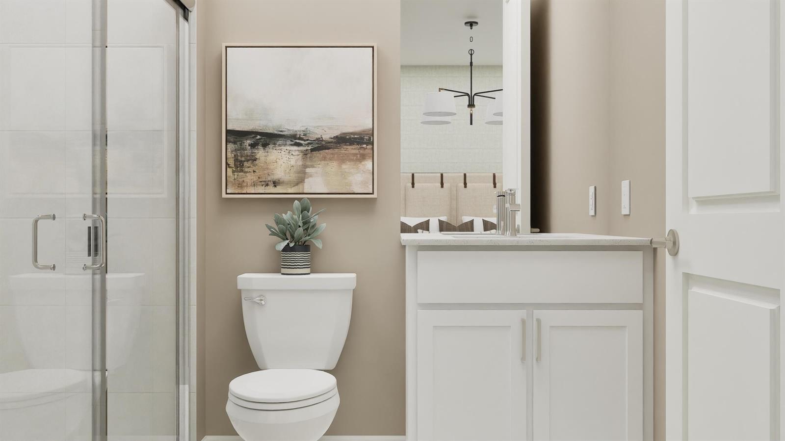 This rendering shows a bathroom with a white vanity, a toilet, and a glass shower — 1024 Raleigh Way, Wellington FL 33414, WELLINGTON, FL