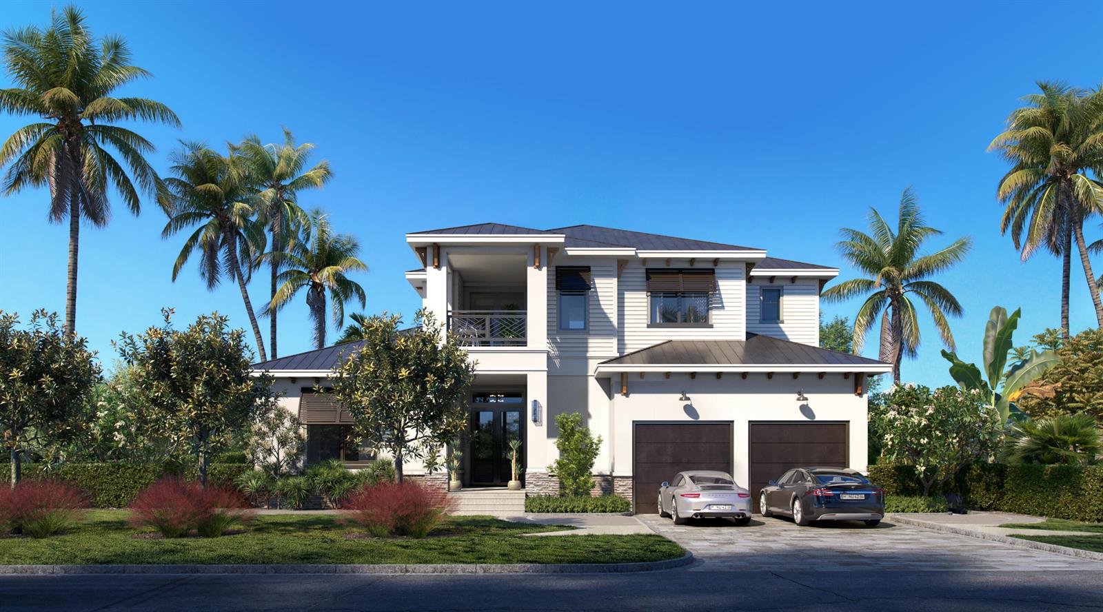 A rendering of a two-story modern house with a two-car garage and palm trees — 29 Hibiscus Way, Ocean Ridge FL 33435, OCEAN RIDGE, FL