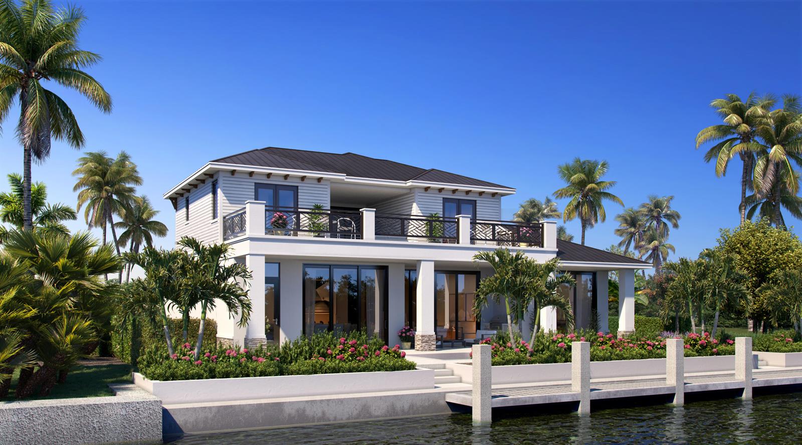 This is a rendering of a two-story waterfront house with a balcony and private dock — 29 Hibiscus Way, Ocean Ridge FL 33435, OCEAN RIDGE, FL