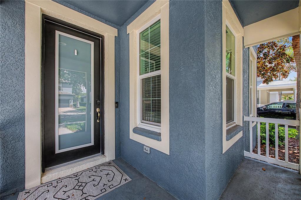 A blue-painted front porch features a black door with a glass panel and two windows — 8137 LAGERFELD DRIVE, LAND O LAKES, FL