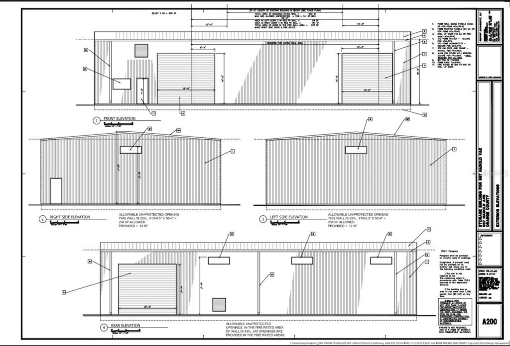 This is an architectural drawing showing the four exterior elevations of a storage building — 687 HAROLD AVENUE, WINTER PARK, FL