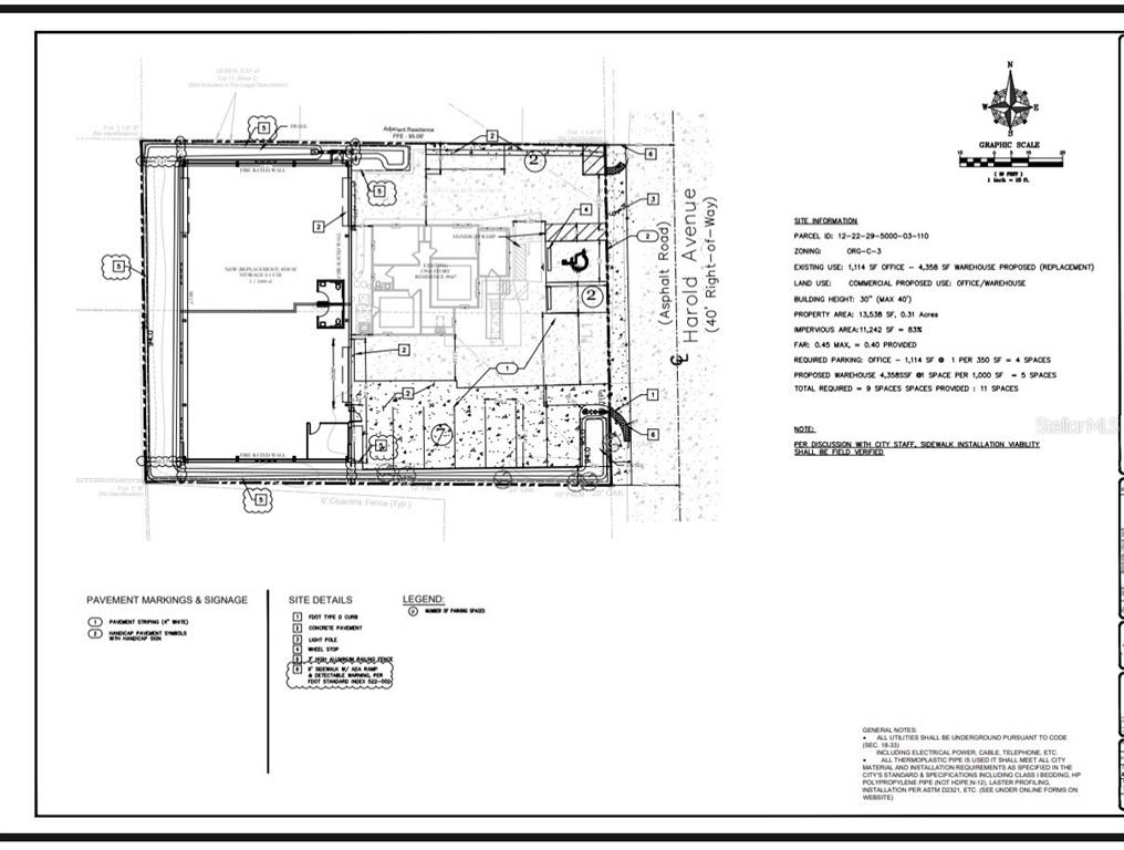 This is a site plan showing a proposed office and warehouse building layout on a lot — 687 HAROLD AVENUE, WINTER PARK, FL