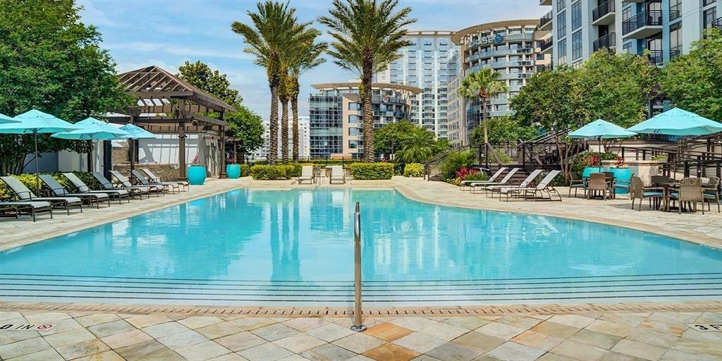 A swimming pool surrounded by lounge chairs, umbrellas, and tall palm trees near apartment buildings — 55-1 W CHURCH STREET, ORLANDO, FL