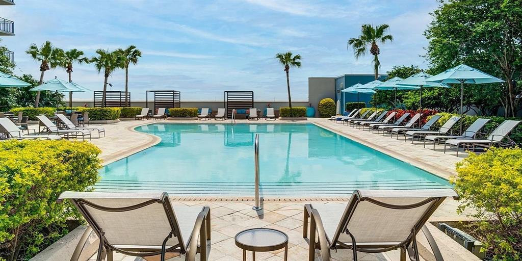 An outdoor swimming pool is surrounded by lounge chairs, palm trees, and patio umbrellas — 55-1 W CHURCH STREET, ORLANDO, FL