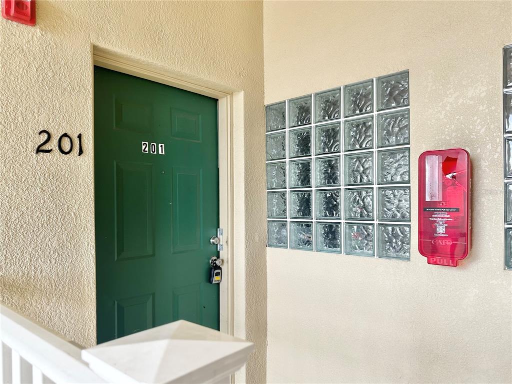 A green apartment door labeled 201 sits next to a glass block wall and fire alarm — 9604 SEADALE COURT UNIT 201, RIVERVIEW, FL
