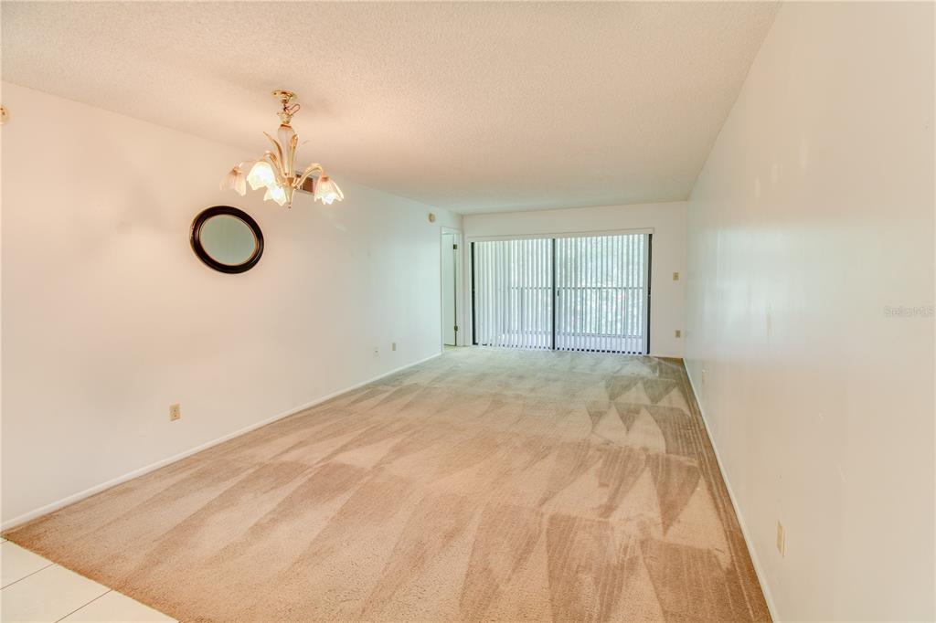 An empty living room features beige wall-to-wall carpeting, white walls, and a sliding glass door — 3293 WESTRIDGE BOULEVARD UNIT 203, ORLANDO, FL
