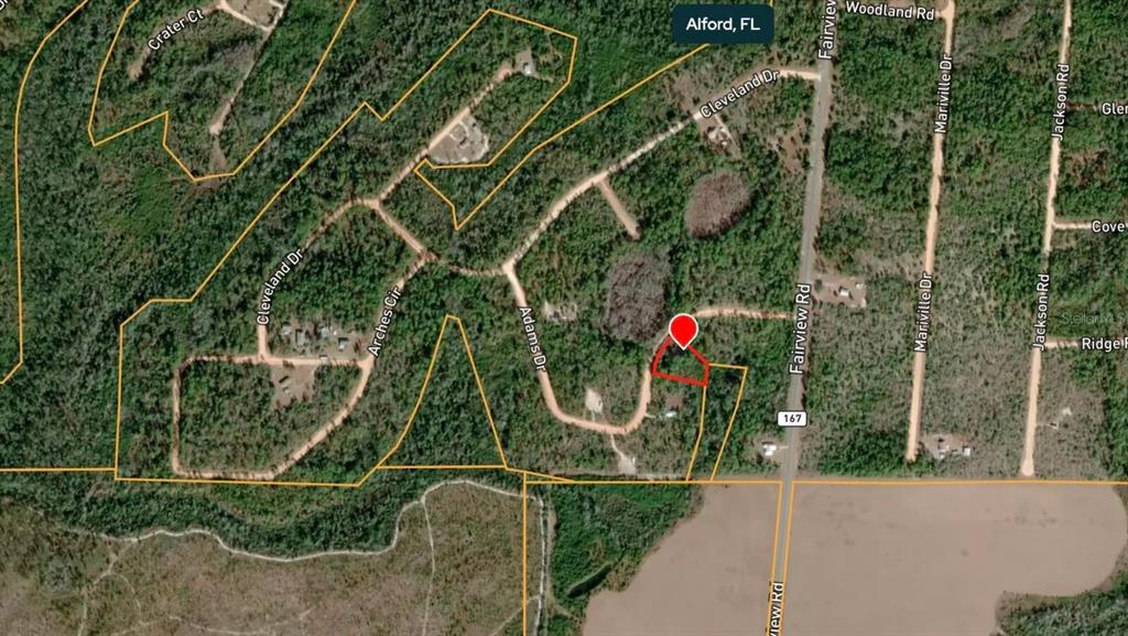This is an aerial map showing a highlighted property lot near Fairview Road in Florida — ADAMS DRIVE, ALFORD, FL